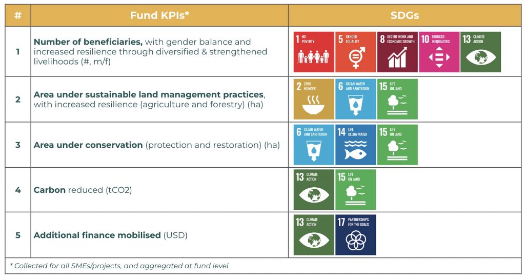 Table showing contribution of Landscape Resilience Fund to several other meaningful positive outcomes measured against the Sustainable Development Goals (SDGs)